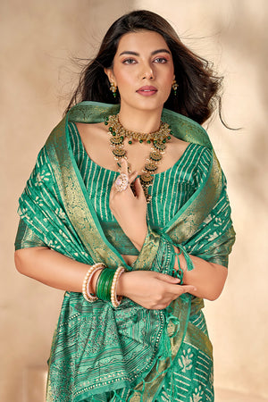 In-Sattva Women's Heritage Floral Print Dola Silk Saree; Eucalyptus Green