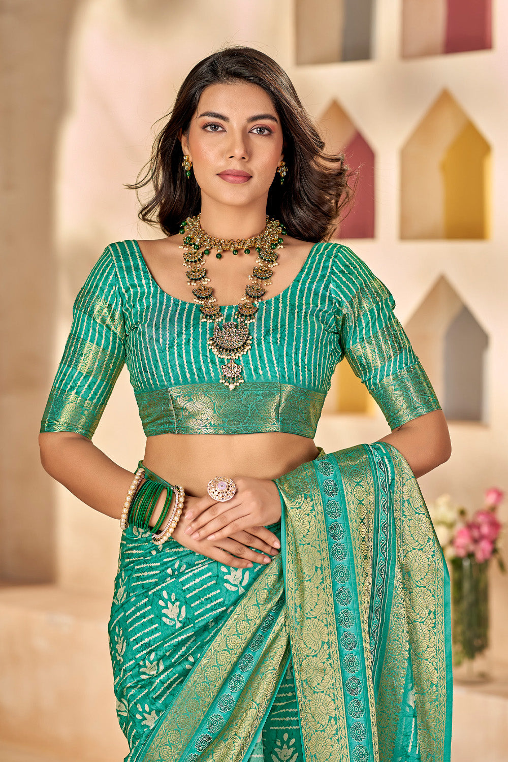 In-Sattva Women's Heritage Floral Print Dola Silk Saree; Eucalyptus Green