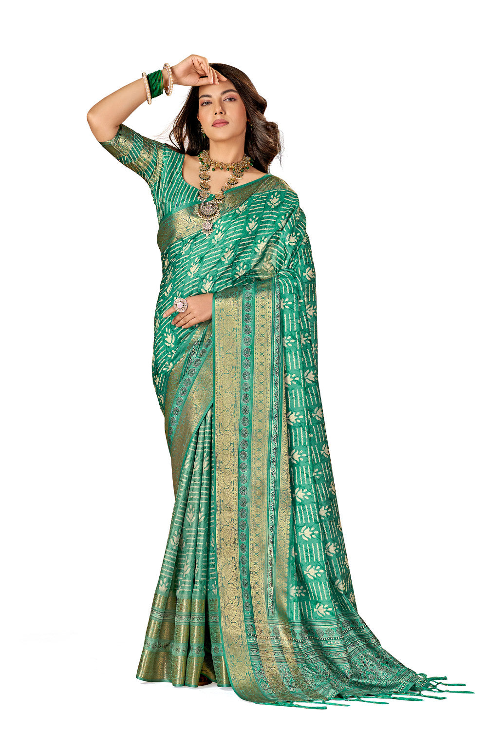 In-Sattva Women's Heritage Floral Print Dola Silk Saree; Eucalyptus Green