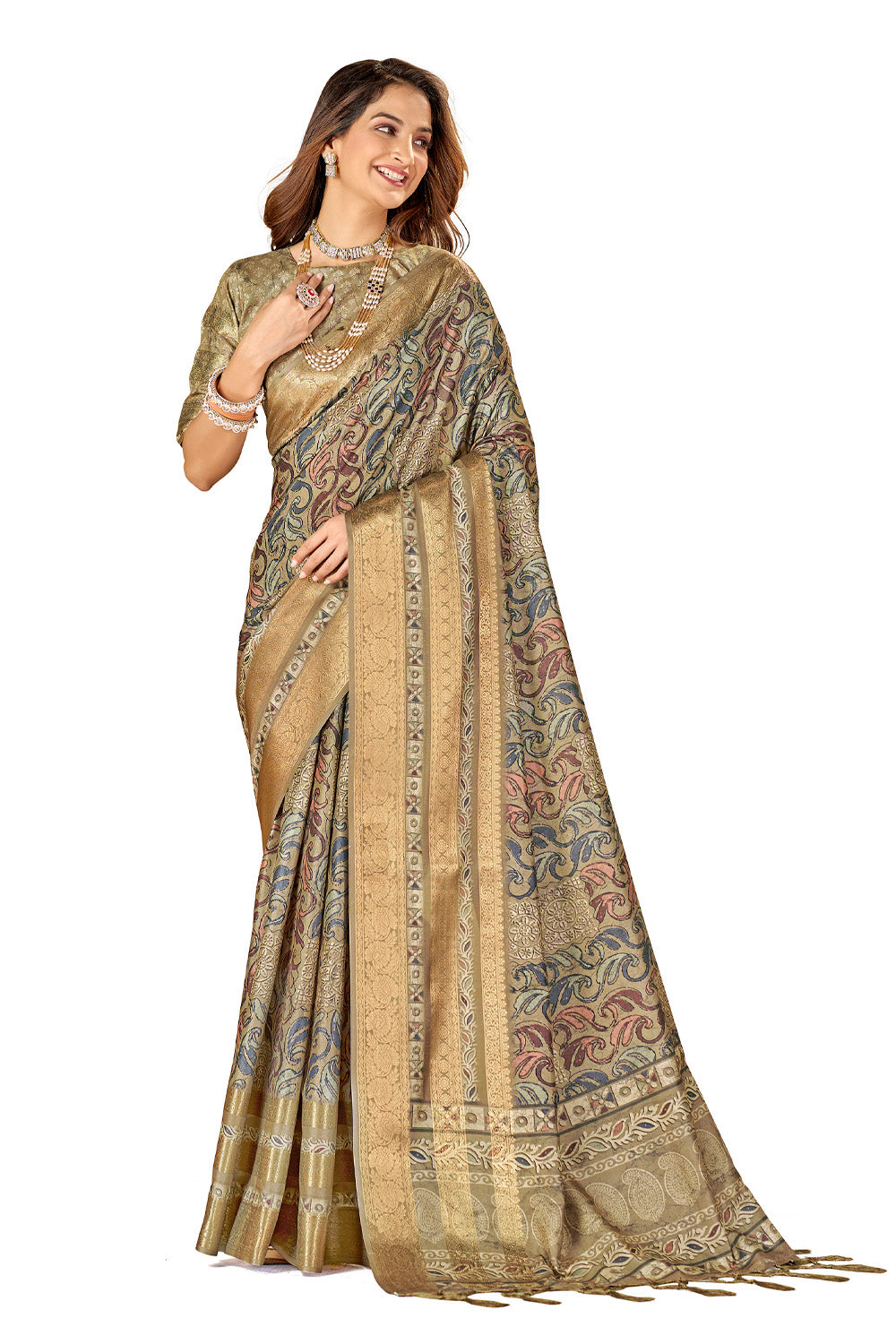 In-Sattva Women's Heritage Floral Print Dola Silk Saree; Chalk Gray