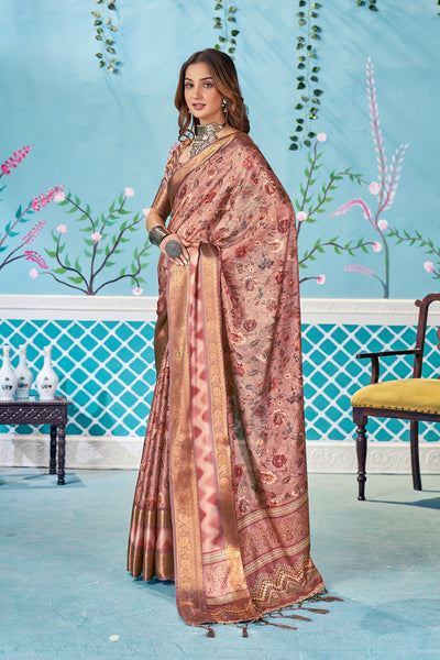 In-Sattva Women's Heritage Handloom Bandhni Dola Silk Saree; Tan Pink
