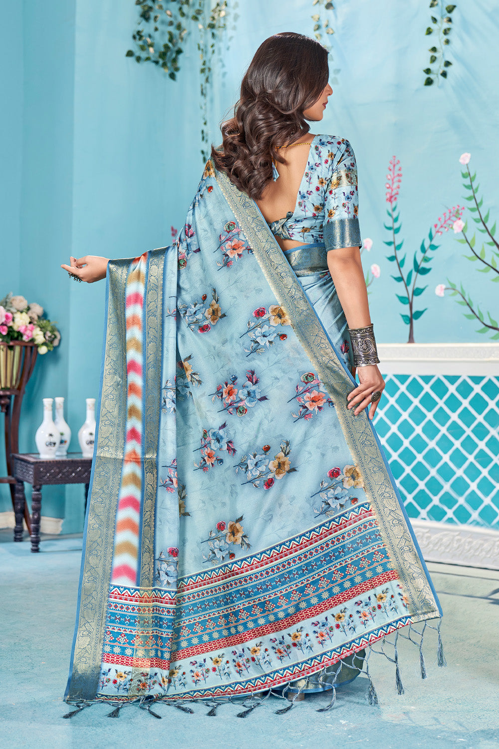 In-Sattva Women's Heritage Handloom Bandhni Dola Silk Saree; Slate Blue