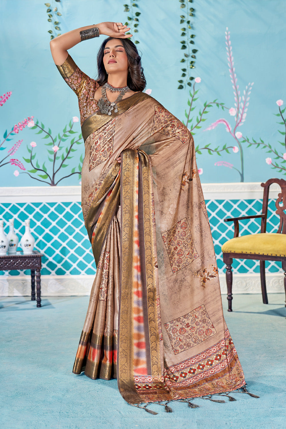 In-Sattva Women's Heritage Handloom Bandhni Dola Silk Saree; Sand Gray