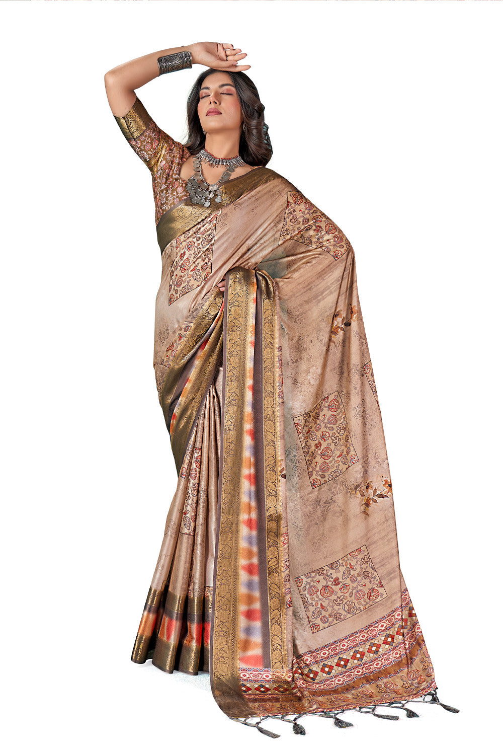 In-Sattva Women's Heritage Handloom Bandhni Dola Silk Saree; Sand Gray
