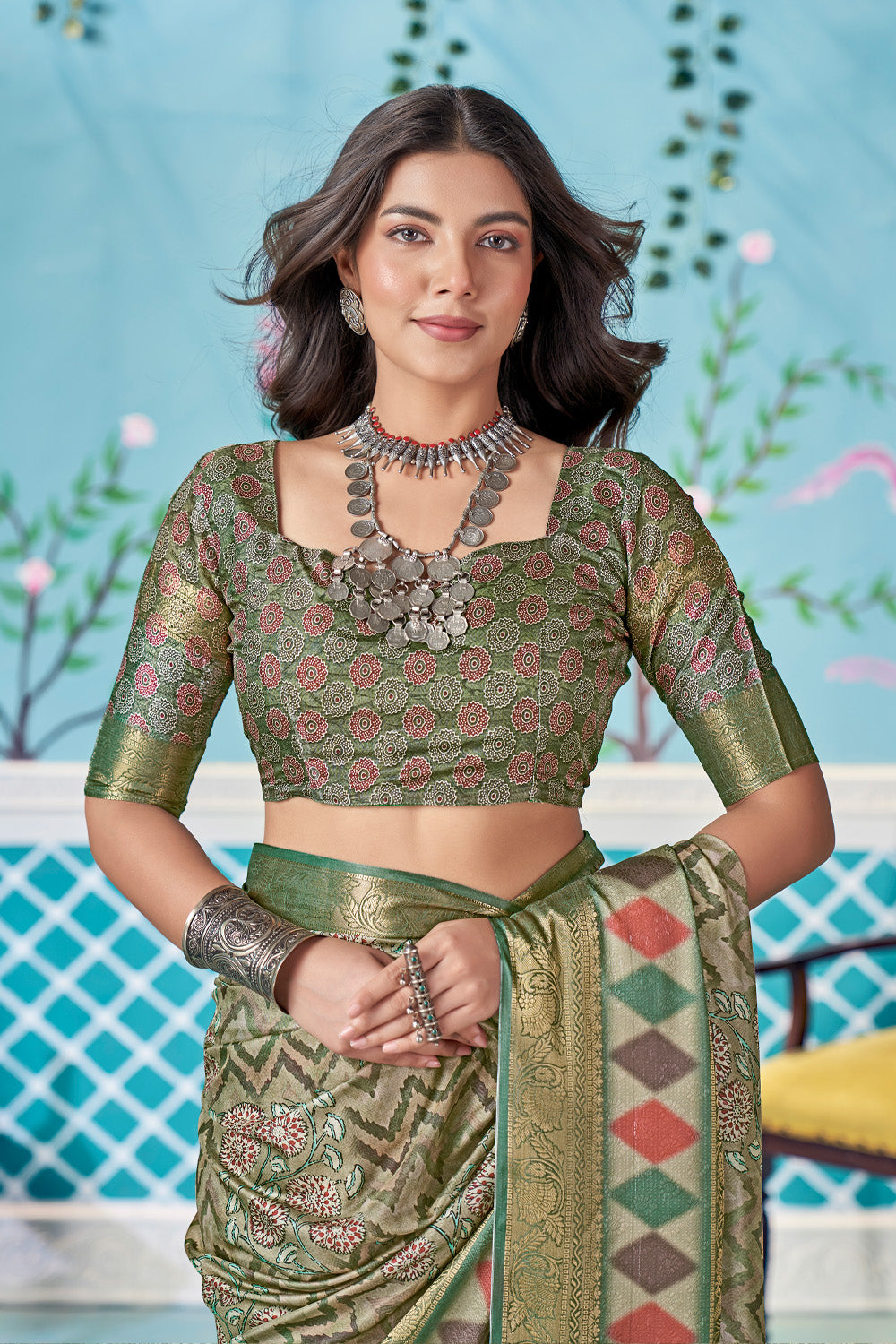 In-Sattva Women's Heritage Handloom Bandhni Dola Silk Saree; Pistachio Green