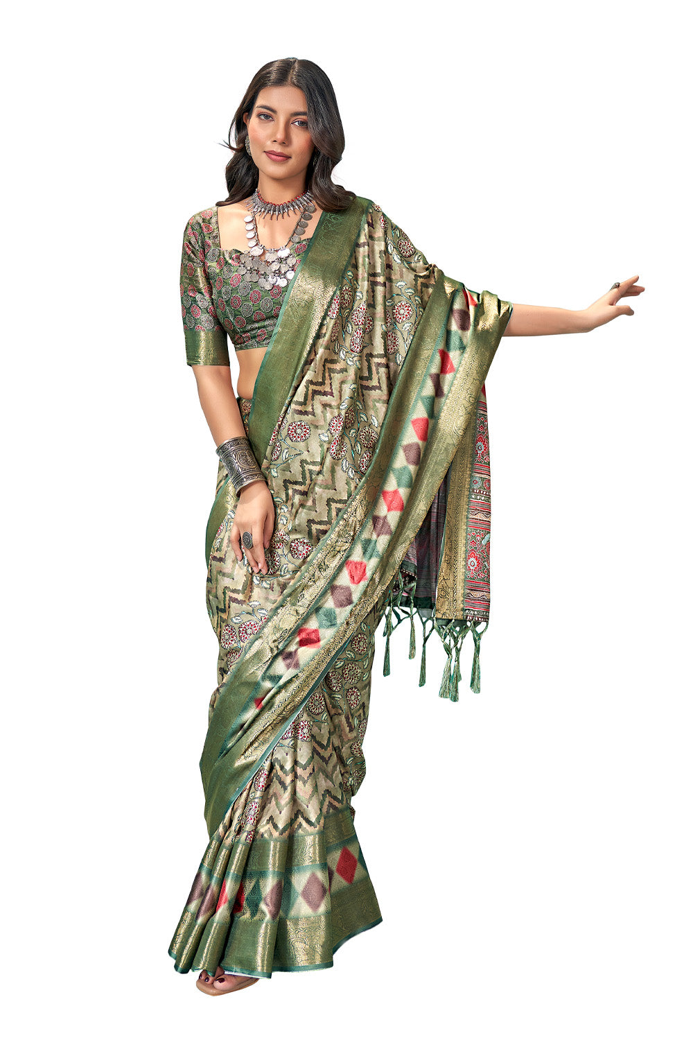 In-Sattva Women's Heritage Handloom Bandhni Dola Silk Saree; Pistachio Green