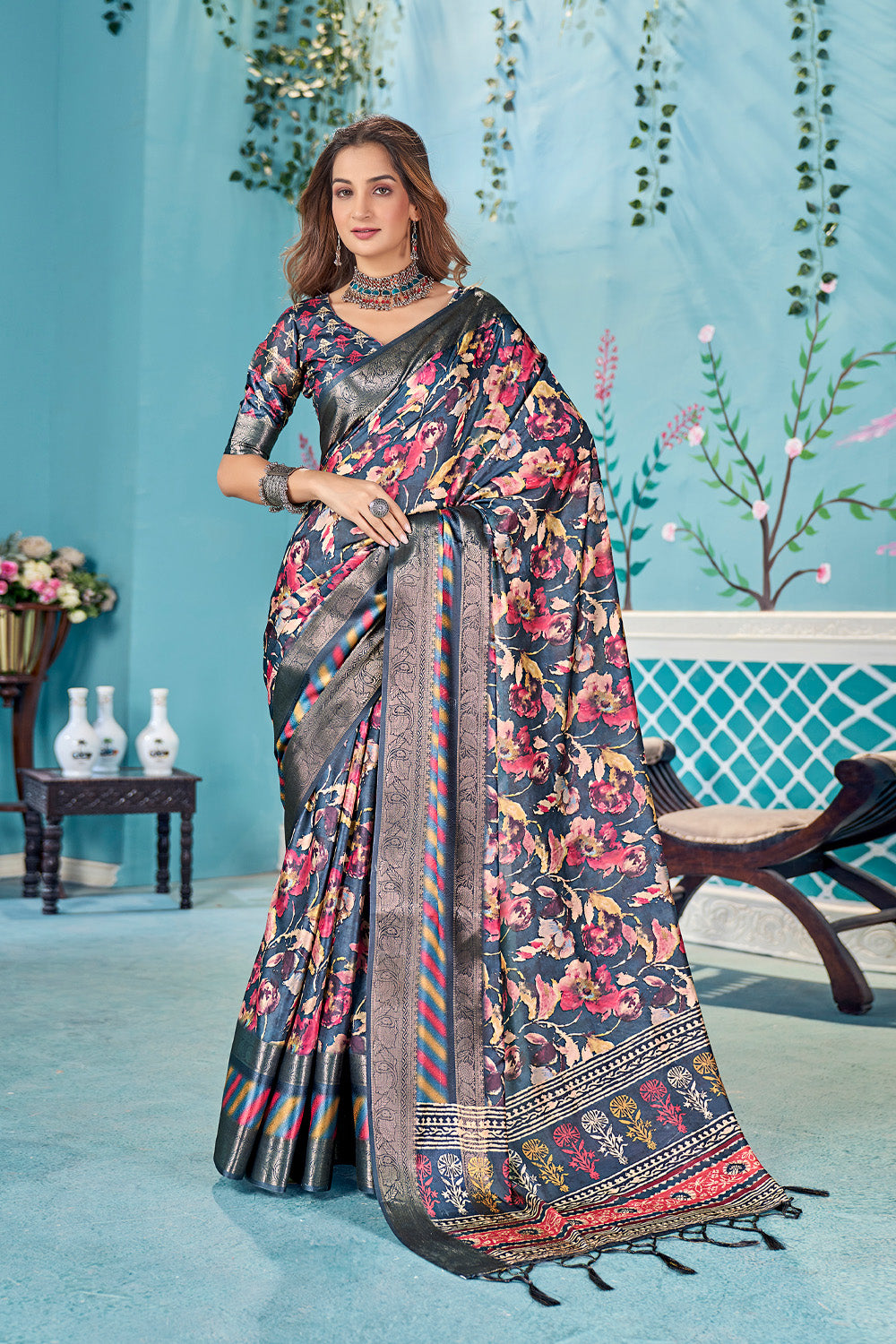 In-Sattva Women's Heritage Handloom Bandhni Dola Silk Saree; Floral Blue