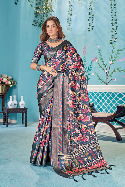 In-Sattva Women's Heritage Handloom Bandhni Dola Silk Saree; Floral Blue