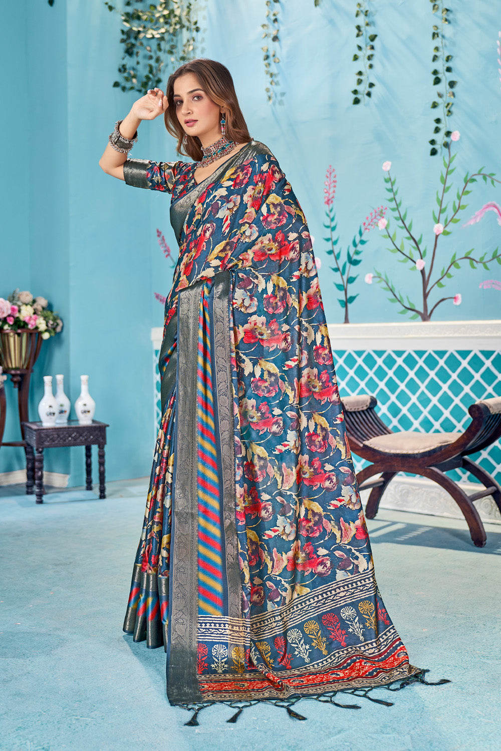 In-Sattva Women's Heritage Handloom Bandhni Dola Silk Saree; Floral Blue