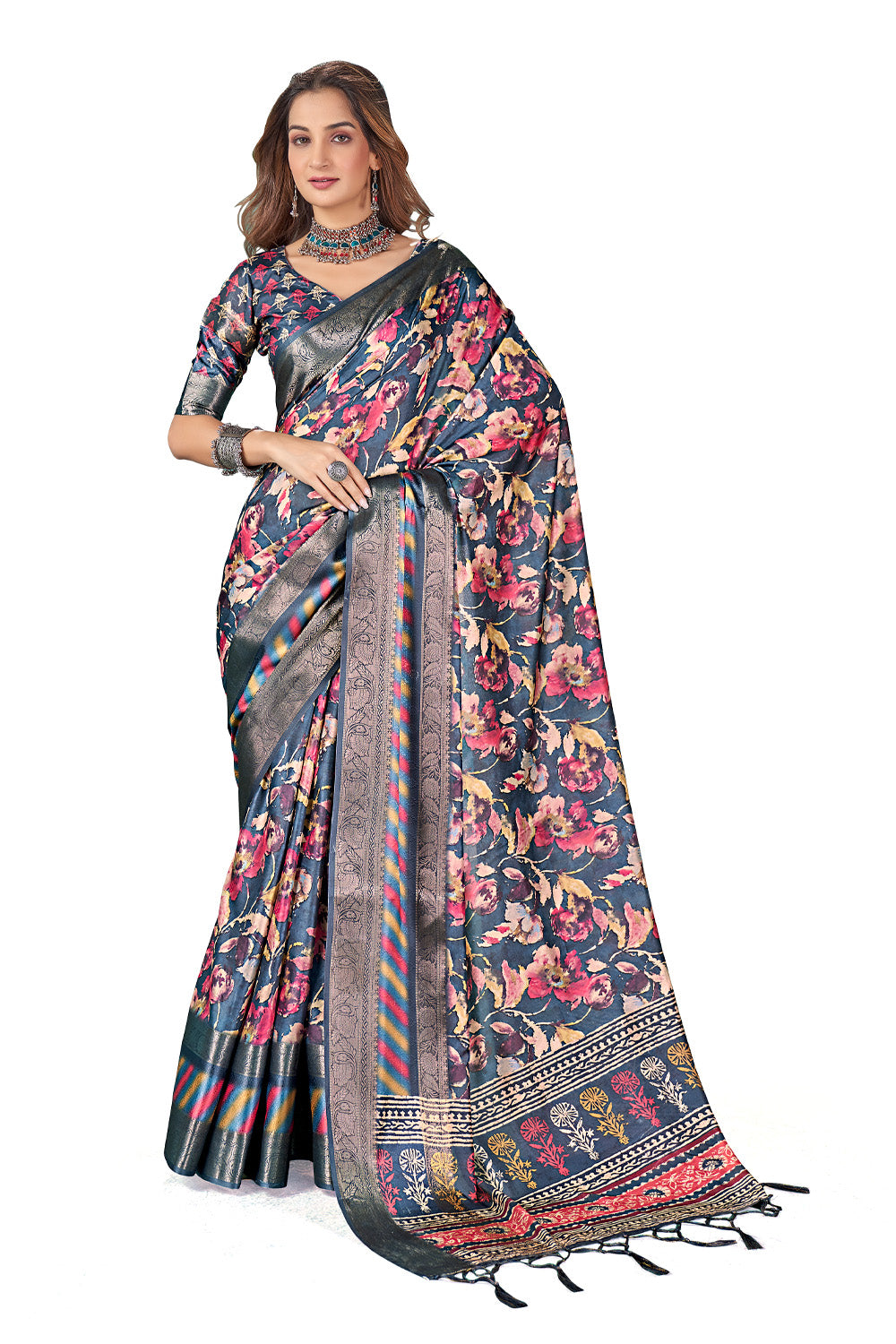 In-Sattva Women's Heritage Handloom Bandhni Dola Silk Saree; Floral Blue