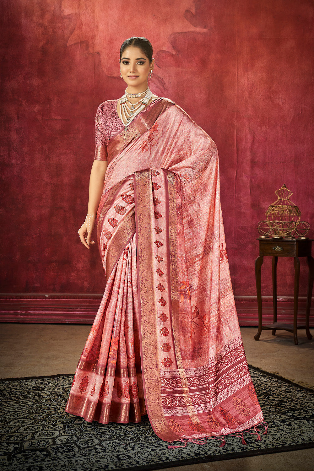 In-Sattva Women's Floral Handloom Bandhni Dola Silk Saree; Glorious Pink