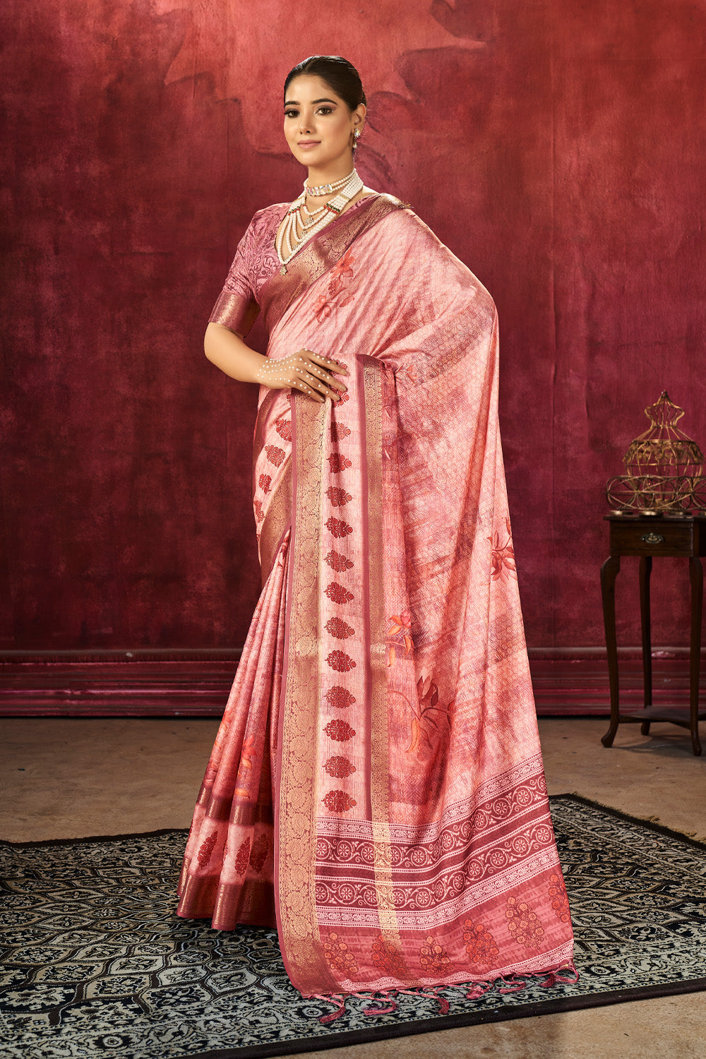 In-Sattva Women's Floral Handloom Bandhni Dola Silk Saree; Glorious Pink