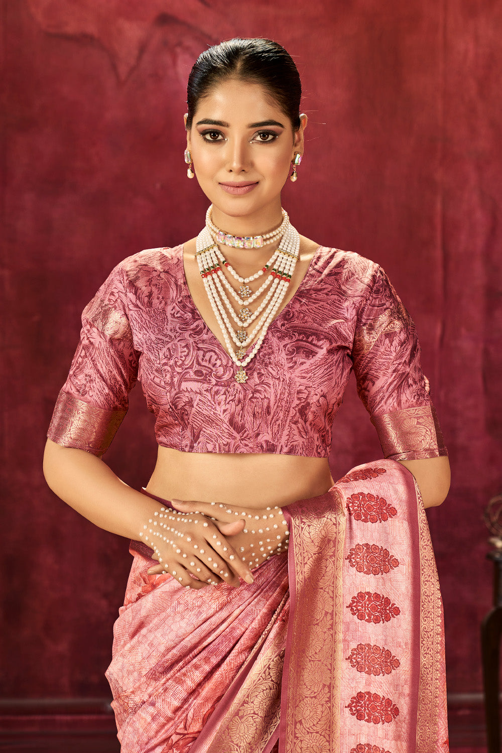 In-Sattva Women's Floral Handloom Bandhni Dola Silk Saree; Glorious Pink