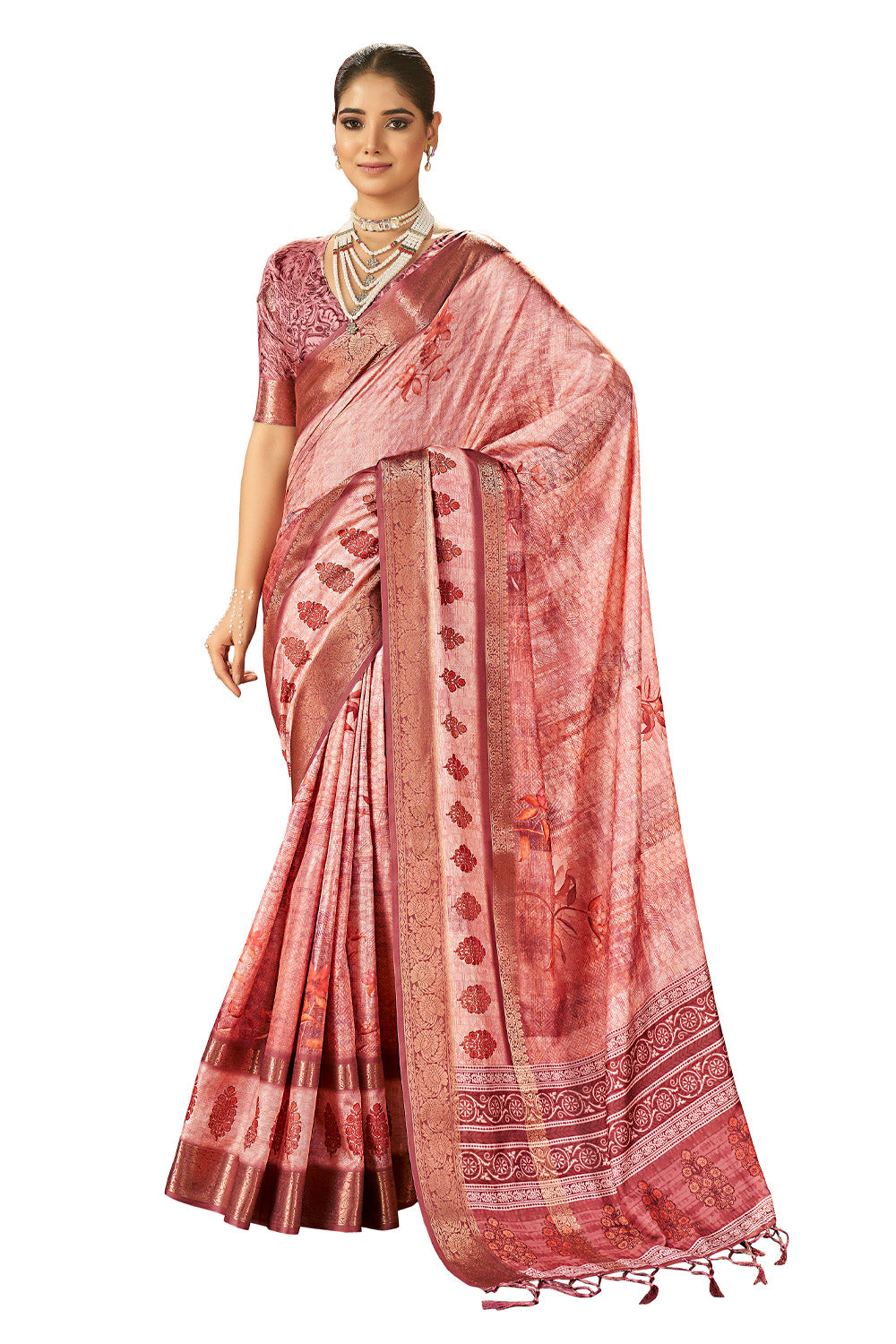 In-Sattva Women's Floral Handloom Bandhni Dola Silk Saree; Glorious Pink