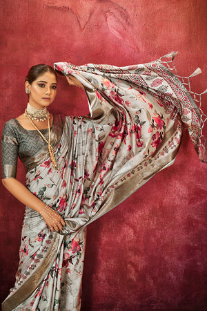 In-Sattva Women's Floral Handloom Bandhni Dola Silk Saree; Silver Gray