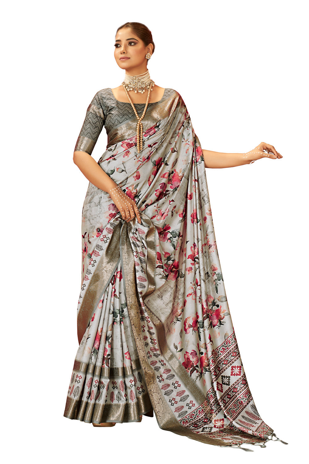 In-Sattva Women's Floral Handloom Bandhni Dola Silk Saree; Silver Gray