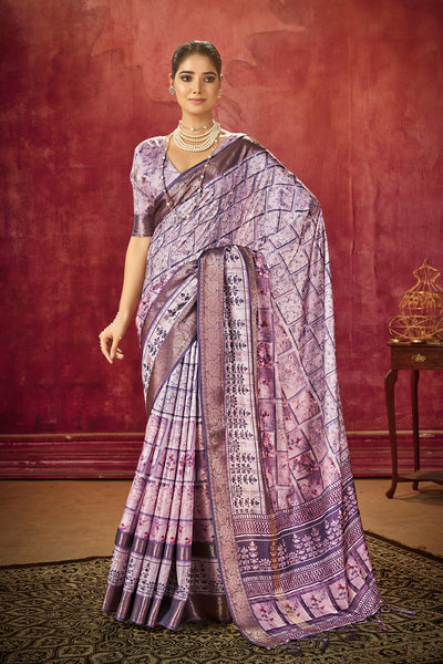 In-Sattva Women's Floral Handloom Bandhni Dola Silk Saree; Jewel Lavender