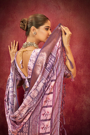 In-Sattva Women's Floral Handloom Bandhni Dola Silk Saree; Jewel Lavender