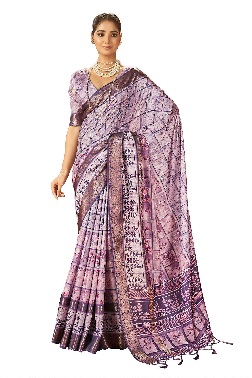 In-Sattva Women's Floral Handloom Bandhni Dola Silk Saree; Jewel Lavender