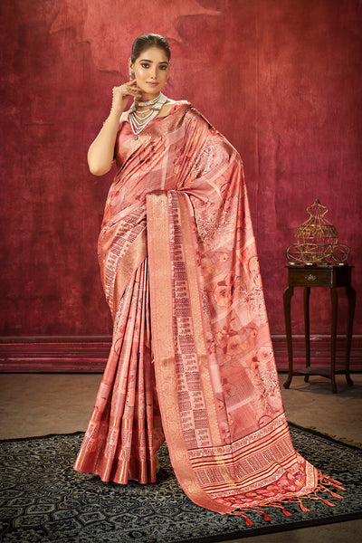 In-Sattva Women's Floral Handloom Bandhni Dola Silk Saree; Peach Pink