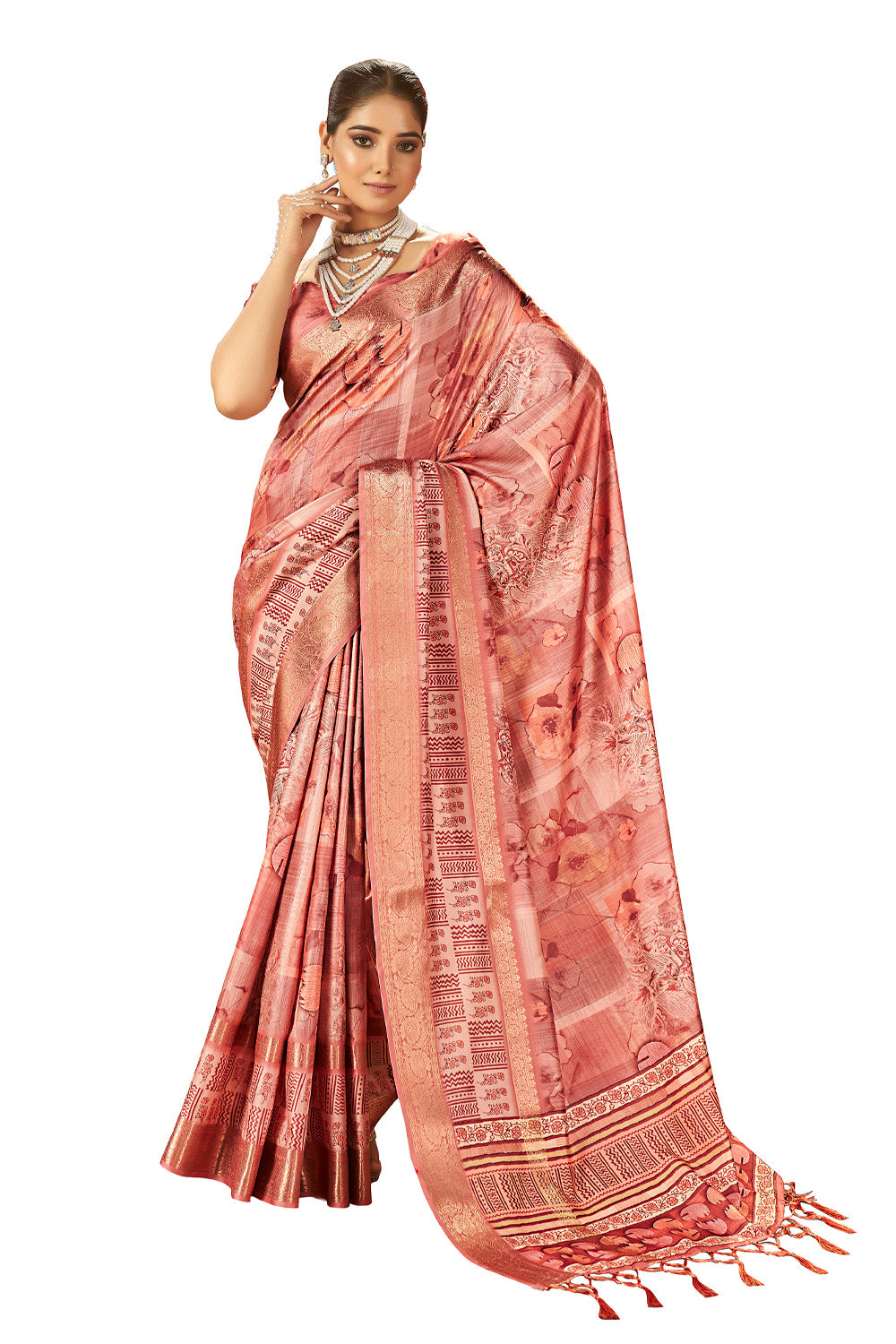 In-Sattva Women's Floral Handloom Bandhni Dola Silk Saree; Peach Pink
