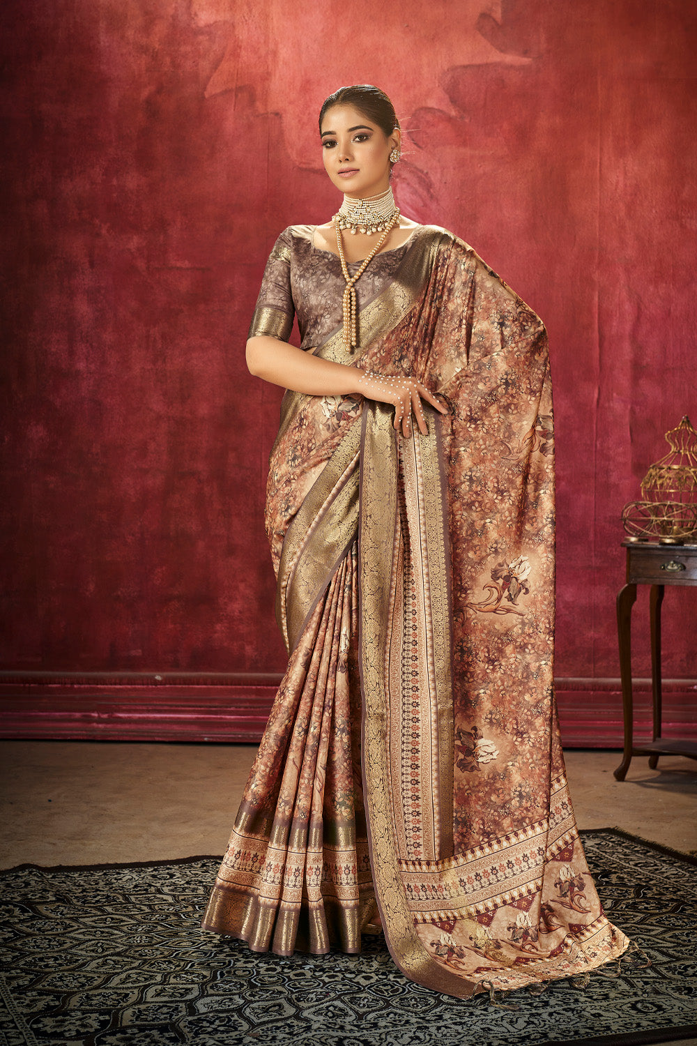 In-Sattva Women's Floral Handloom Bandhni Dola Silk Saree; Almond Beige