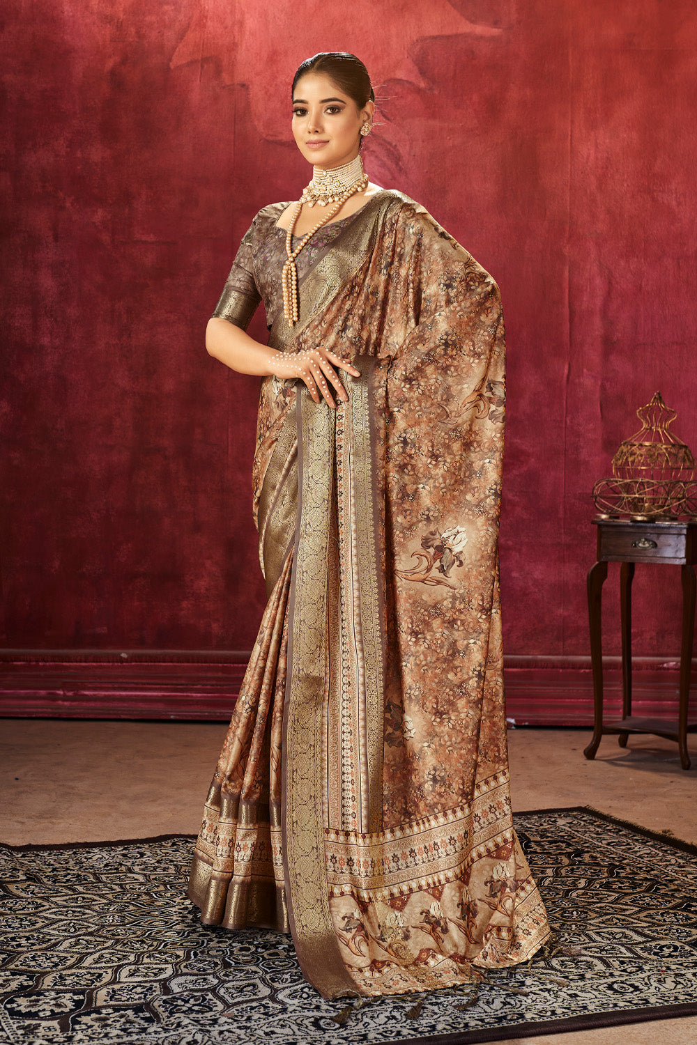 In-Sattva Women's Floral Handloom Bandhni Dola Silk Saree; Almond Beige