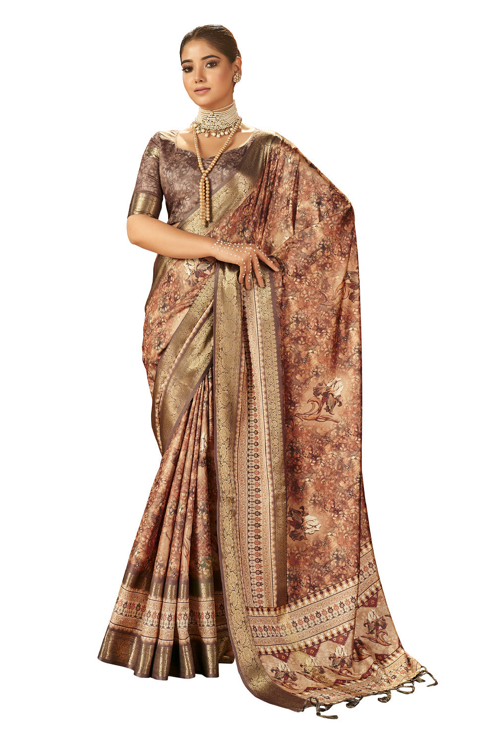 In-Sattva Women's Floral Handloom Bandhni Dola Silk Saree; Almond Beige