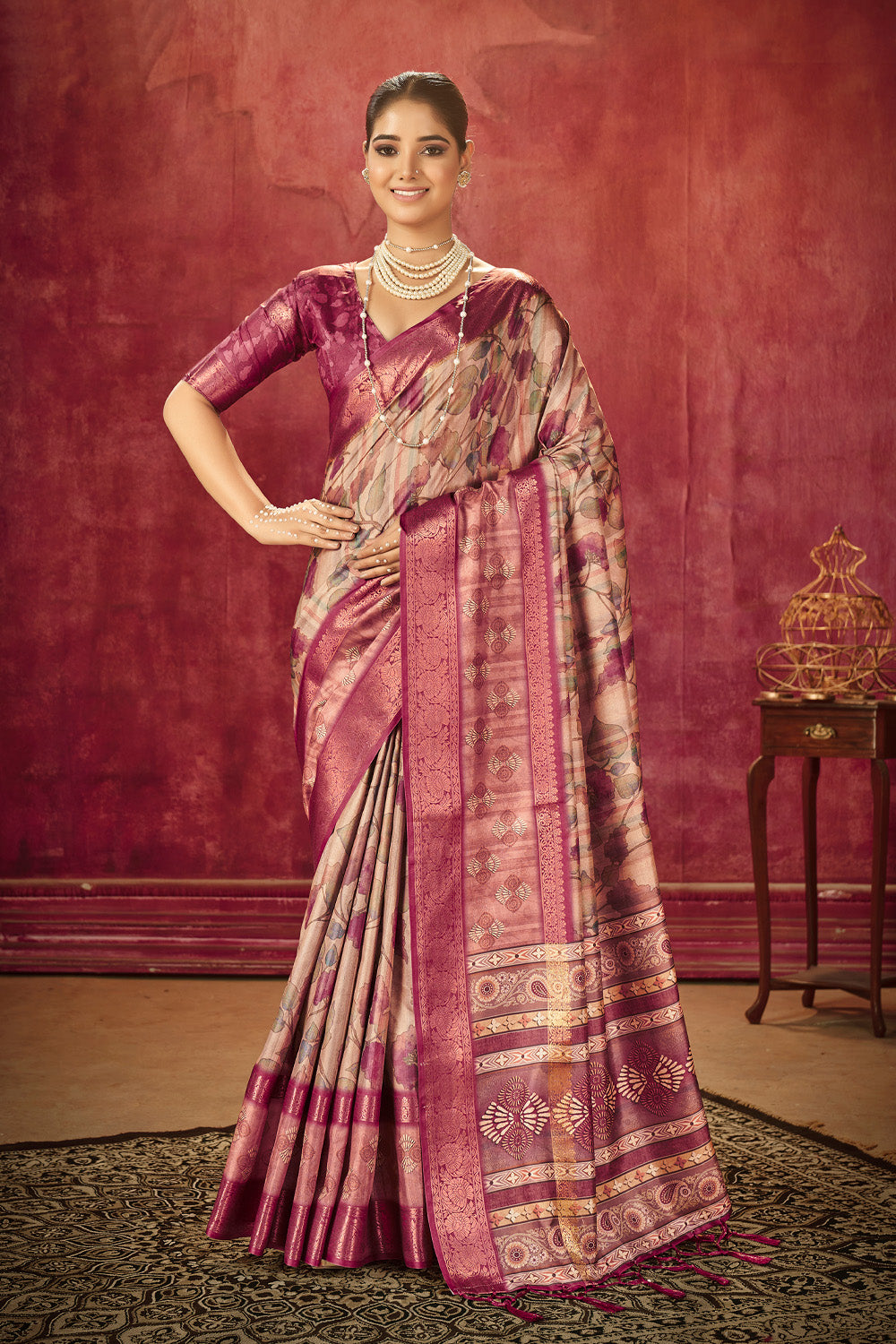In-Sattva Women's Floral Handloom Bandhni Dola Silk Saree; Gentle Burgundy