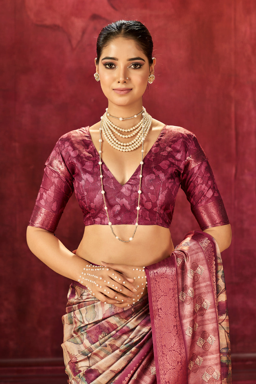 In-Sattva Women's Floral Handloom Bandhni Dola Silk Saree; Gentle Burgundy