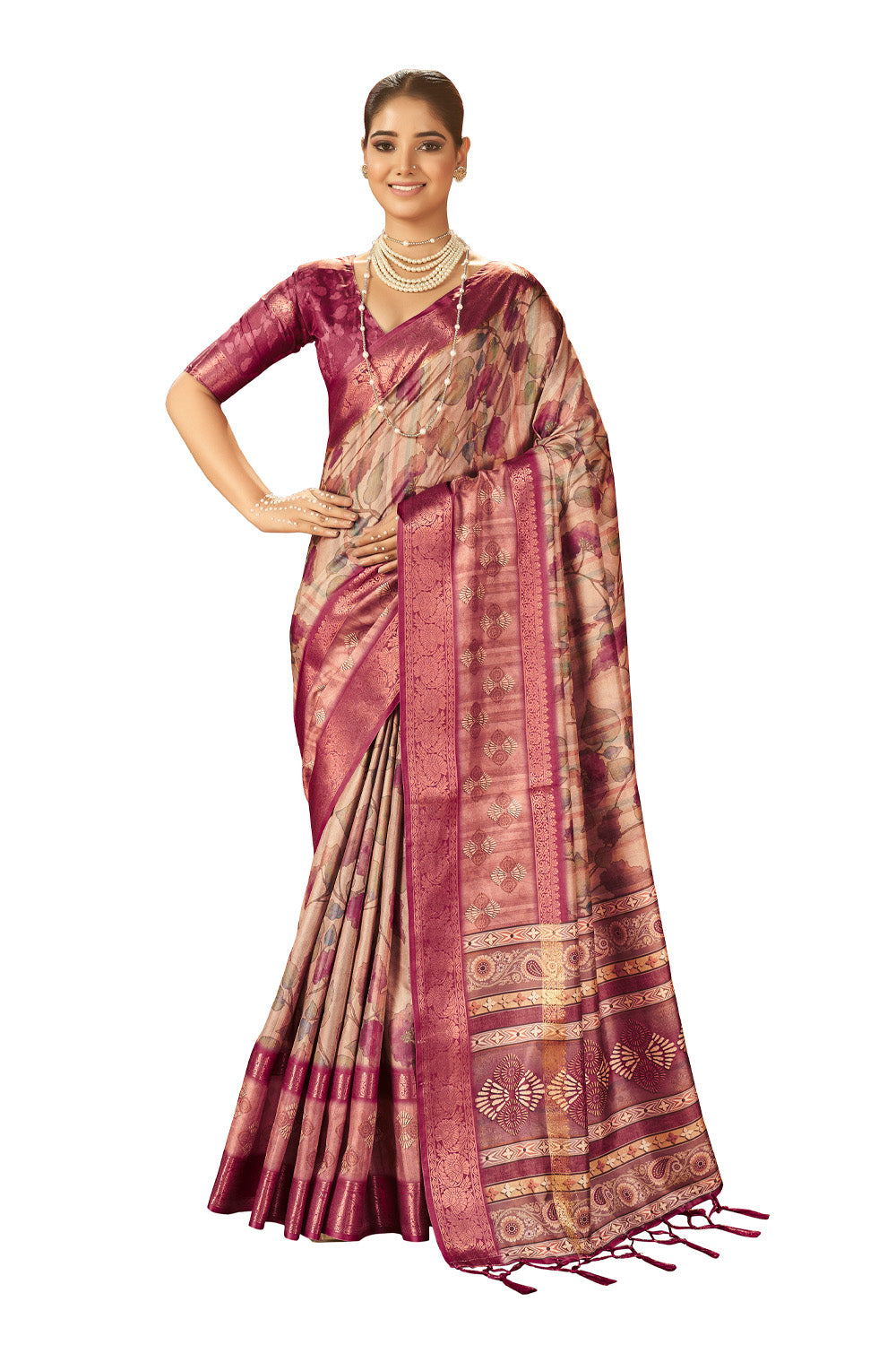 In-Sattva Women's Floral Handloom Bandhni Dola Silk Saree; Gentle Burgundy