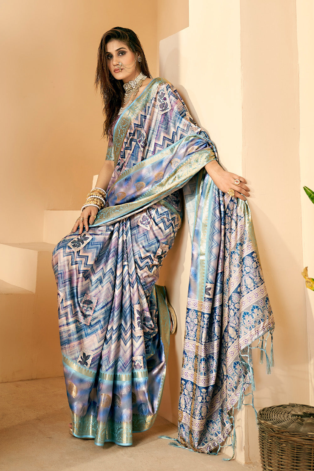 In-Sattva Women's Abstract Print Handloom Dola Silk Saree; Chevron Blue