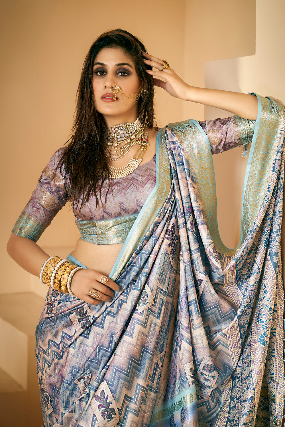 In-Sattva Women's Abstract Print Handloom Dola Silk Saree; Chevron Blue