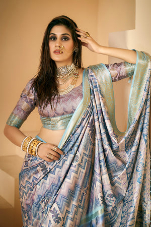 In-Sattva Women's Abstract Print Handloom Dola Silk Saree; Chevron Blue