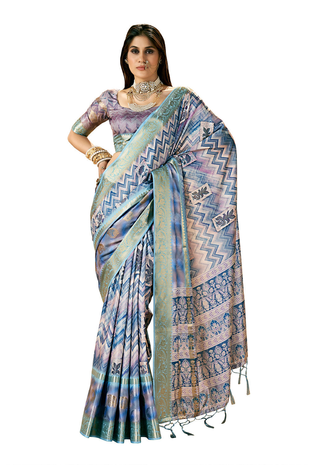 In-Sattva Women's Abstract Print Handloom Dola Silk Saree; Chevron Blue