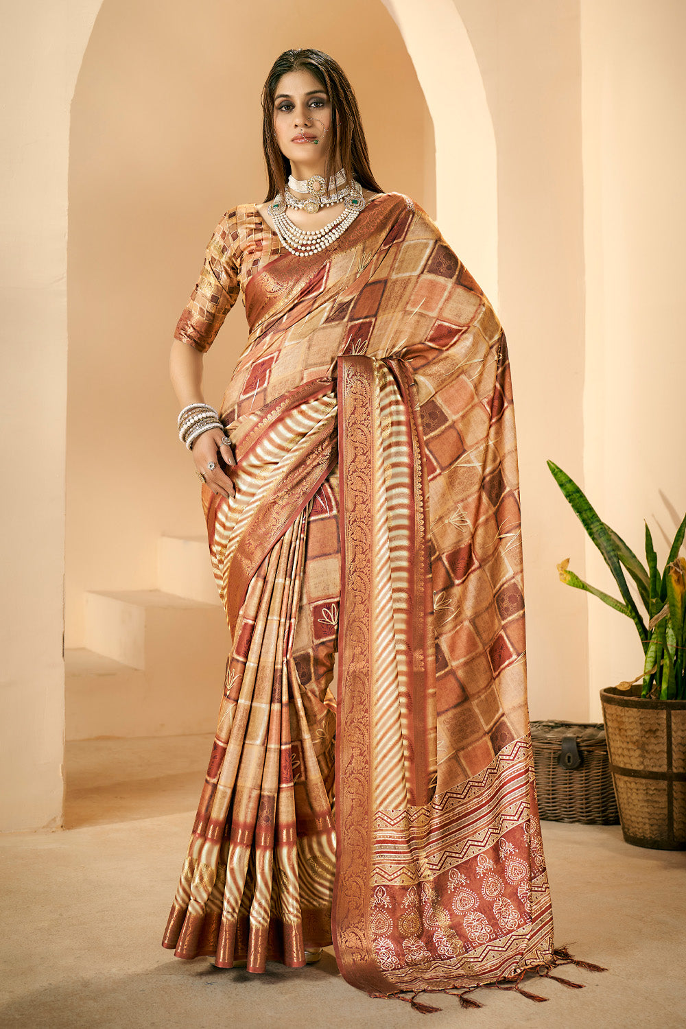 In-Sattva Women's Abstract Print Handloom Dola Silk Saree; Noble Orange