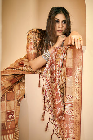 In-Sattva Women's Abstract Print Handloom Dola Silk Saree; Noble Orange