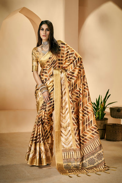 In-Sattva Women's Abstract Print Handloom Dola Silk Saree; Fall Brown