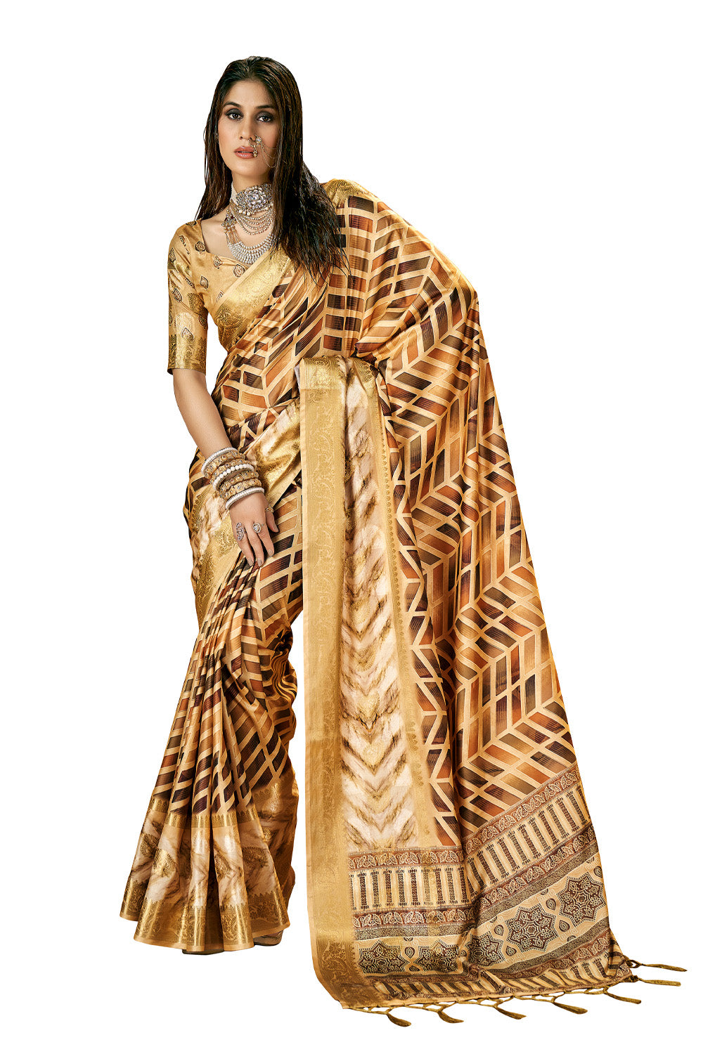 In-Sattva Women's Abstract Print Handloom Dola Silk Saree; Fall Brown
