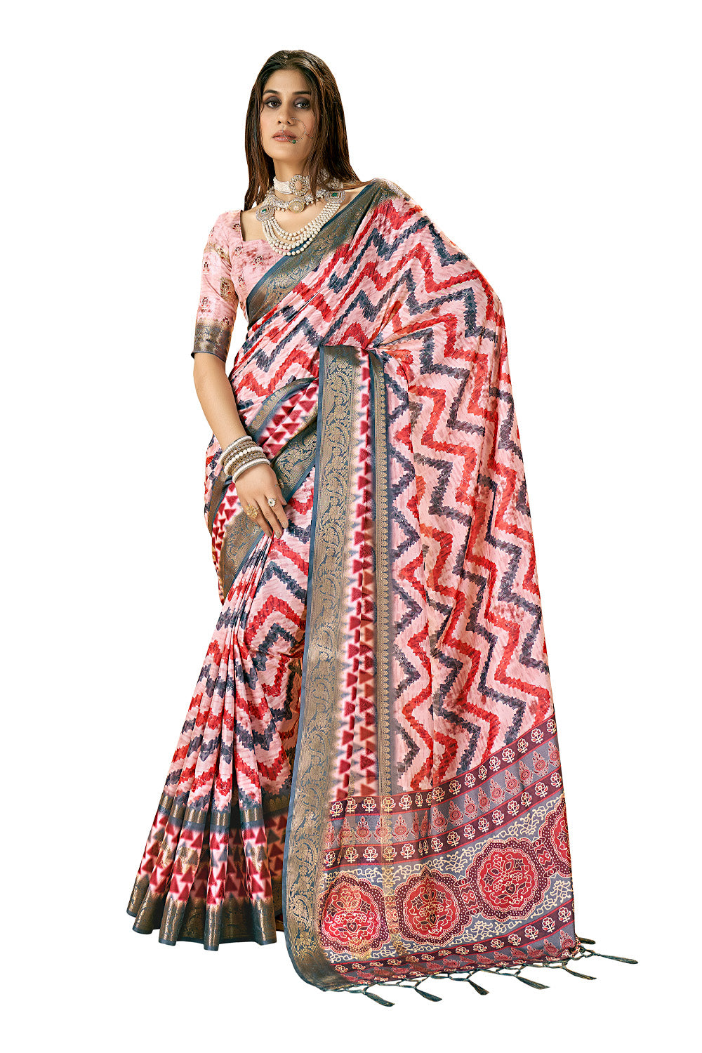 In-Sattva Women's Abstract Print Handloom Dola Silk Saree; Patterned Pink