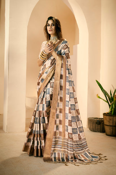In-Sattva Women's Abstract Print Handloom Dola Silk Saree; Paisley Brown