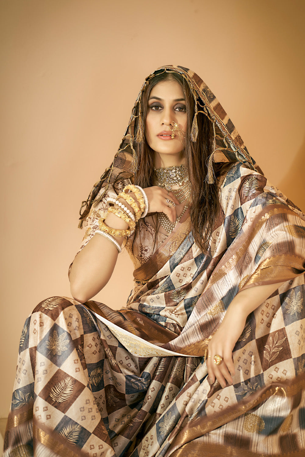In-Sattva Women's Abstract Print Handloom Dola Silk Saree; Paisley Brown