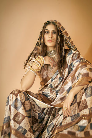 In-Sattva Women's Abstract Print Handloom Dola Silk Saree; Paisley Brown