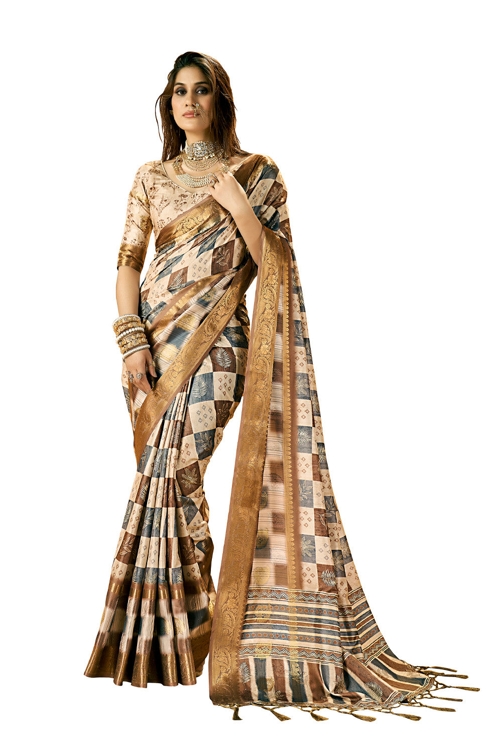 In-Sattva Women's Abstract Print Handloom Dola Silk Saree; Paisley Brown