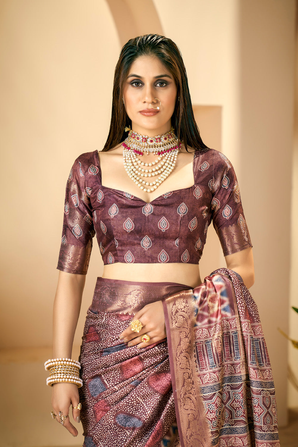 In-Sattva Women's Abstract Print Handloom Dola Silk Saree; Dusty Plum