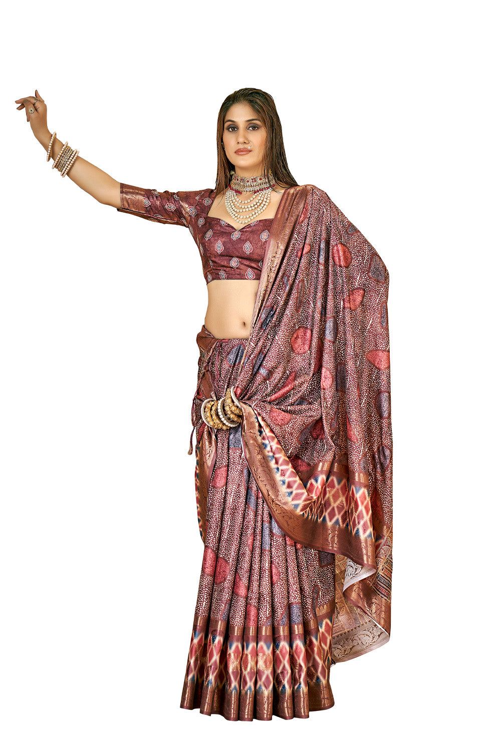 In-Sattva Women's Abstract Print Handloom Dola Silk Saree; Dusty Plum