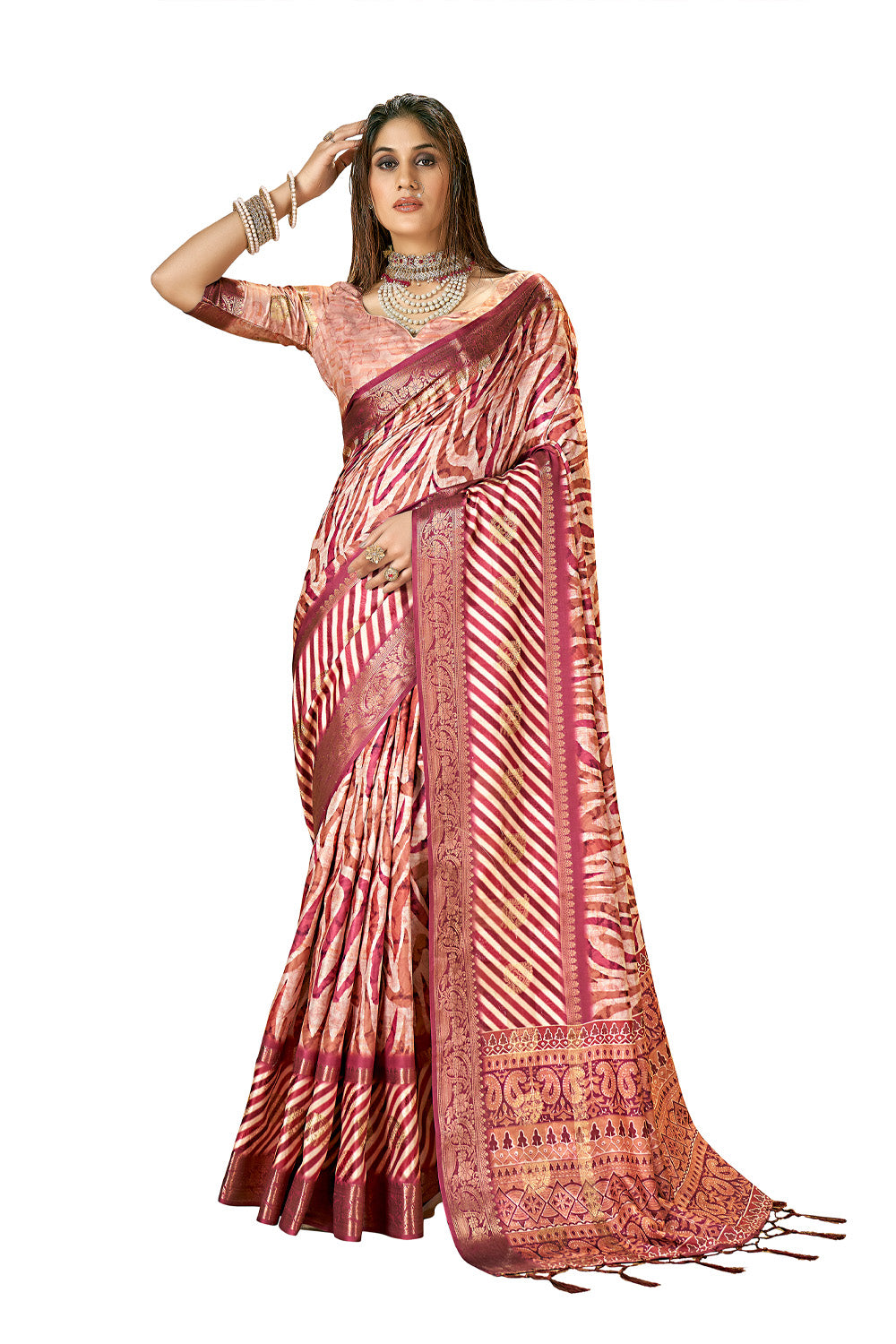 In-Sattva Women's Abstract Print Handloom Dola Silk Saree; Blooming Red