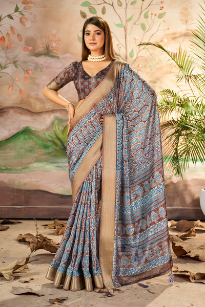 In-Sattva Women's Paisley Print Handloom Dola Silk Saree; Bark Brown