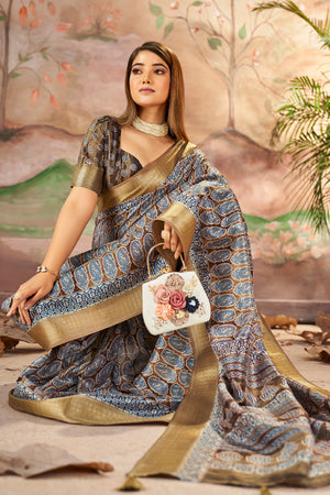 In-Sattva Women's Paisley Print Handloom Dola Silk Saree; Caramel Brown