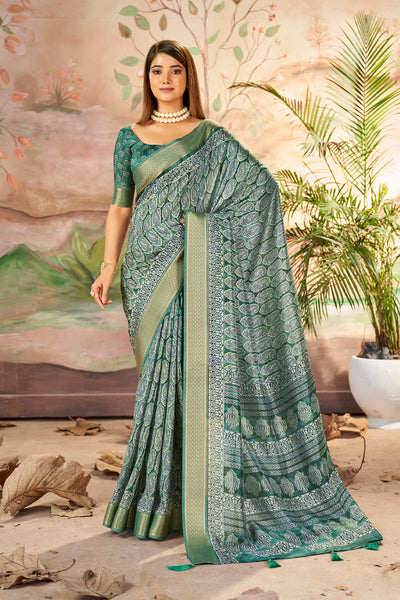 In-Sattva Women's Paisley Print Handloom Dola Silk Saree; Basil Green